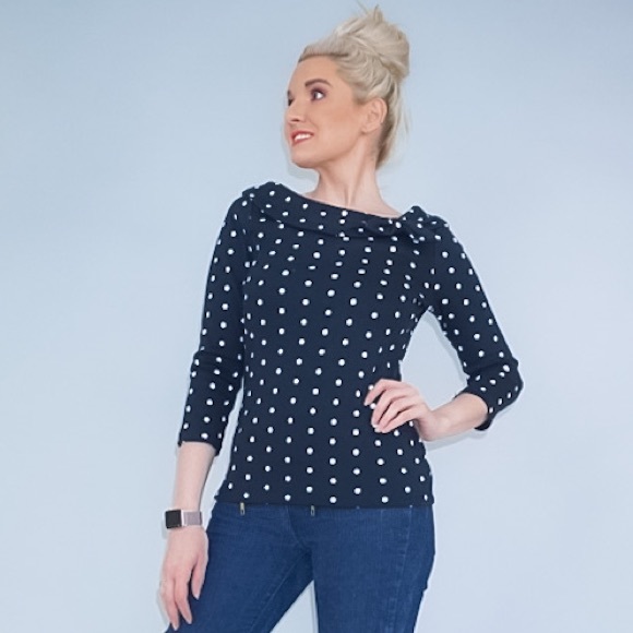 Black and White Polka Dot Boat Neck Shirt - Picture 13 of 16